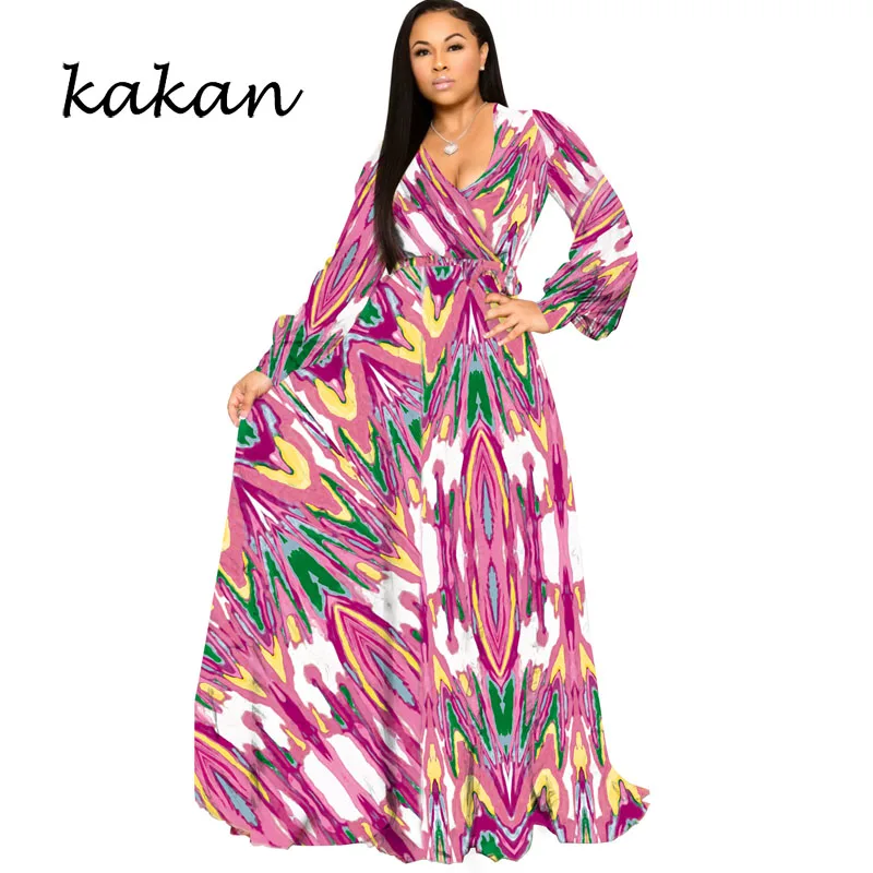 

Kakan large size loose chiffon long dress 2019 summer new women's print dress bohemian beach dress S-3XL-5XL