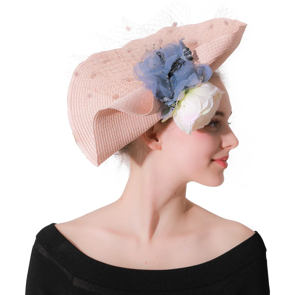 Розовый цветок церковь Шапки Для женщин элегантные головной убор Sinamay женские