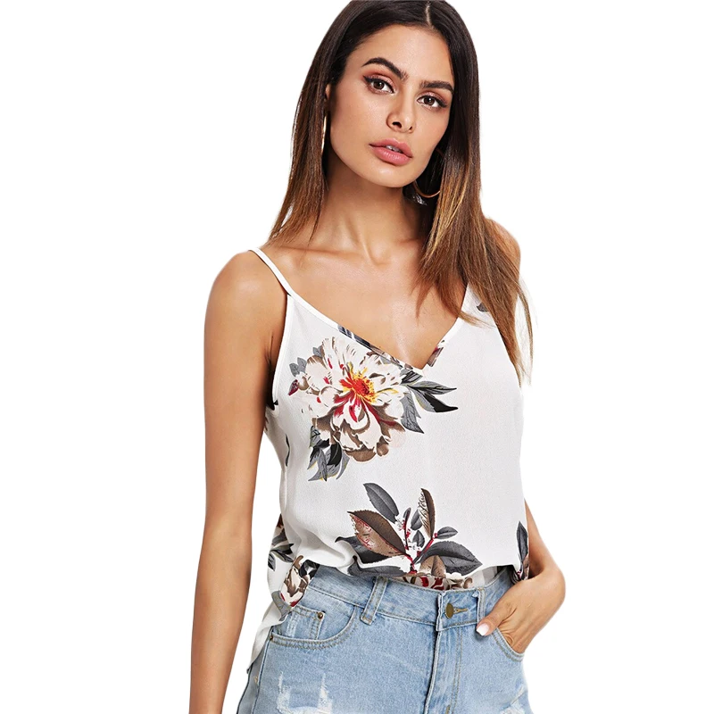 Шеин Двойной Глубокий V шеи цветочные Cami Top Boho Женская одежда Спагетти ремень топы Летний жилет топы