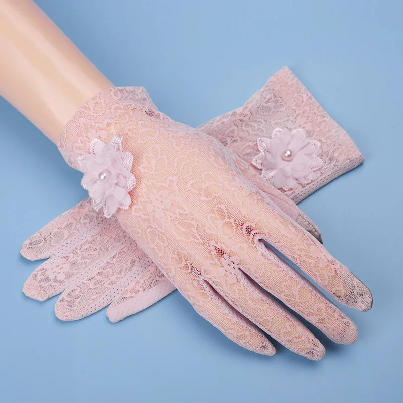 Floral Pink Кружевные летние солнцезащитные Короткие наручные перчатки, весенние модные перчатки с сенсорным экраном и УФ-защитой от солнца, перчатки для вождения автомобиля, вечерние женские перчатки Guantes Mujer - Цвет: Floral Pink
