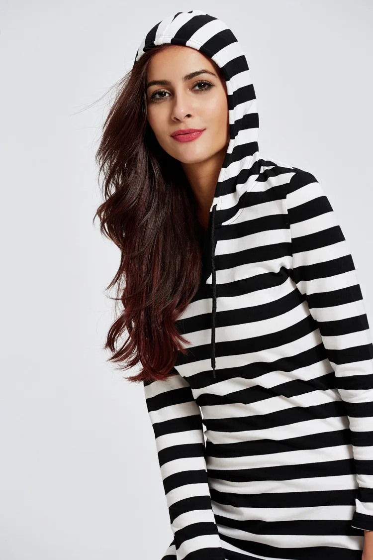 Новинка 2016 на осень-зиму модная женская одежда с капюшоном в полоску длинными