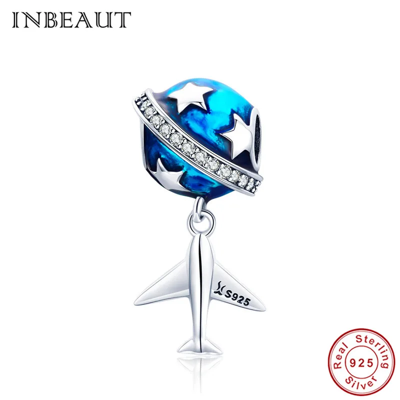 sc887 INBEAUT 925 пробы Серебряный Воздушный самолет синяя земля бусины милые путешествия мир самолет талисманы подходят Pandora браслет ювелирные изделия - Окраска металла: sc887