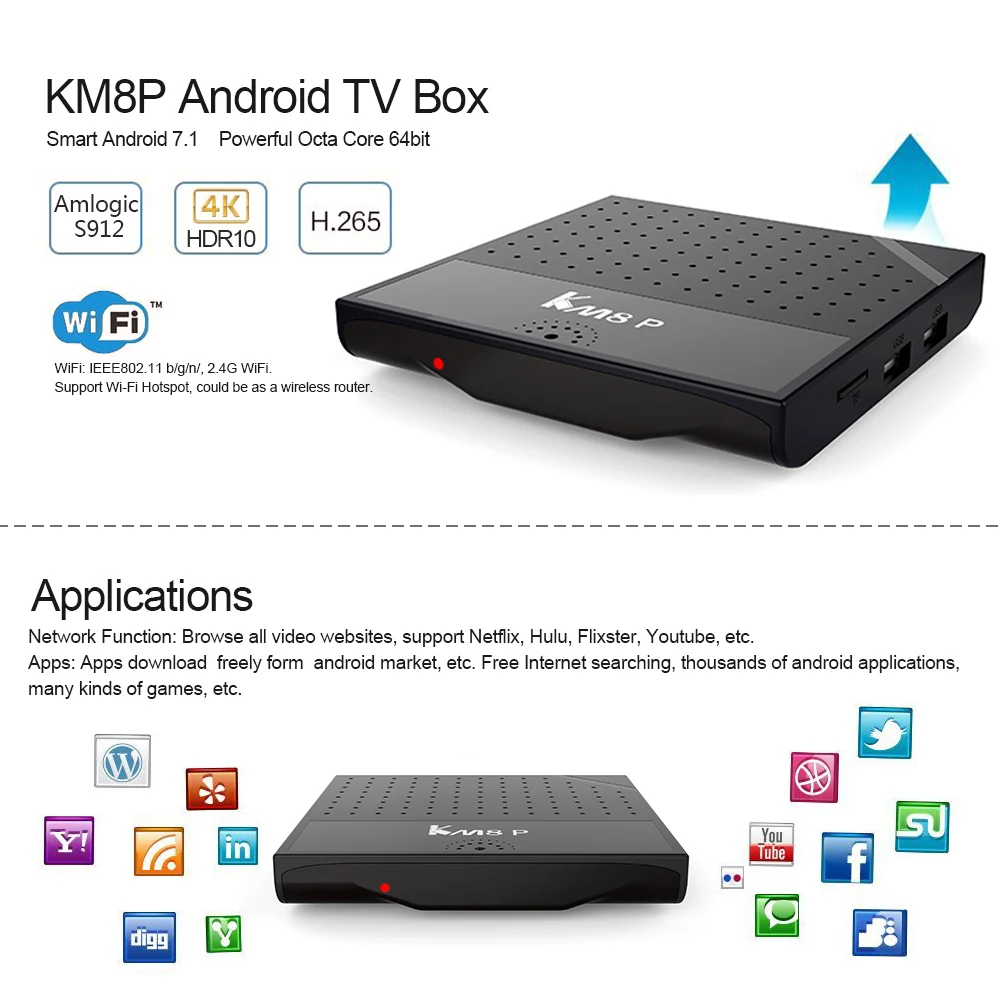 ТВ приставка KM8P Android 7 1 Восьмиядерный Amlogic S912 64 бит 2 ГБ + 16 H.265 UHD 4K VP9 3D мини ПК Wi Fi