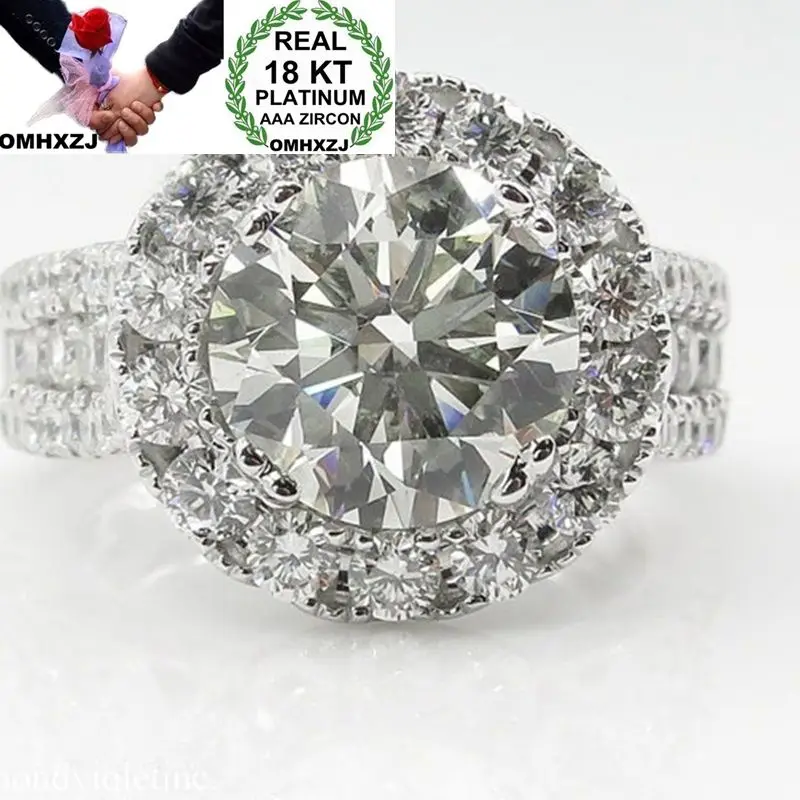 

OMHXZJ Wholesale European Fashion Woman Man Party Wedding Gift Luxury Round White AAA Zircon 18KT White Gold Ring RR630