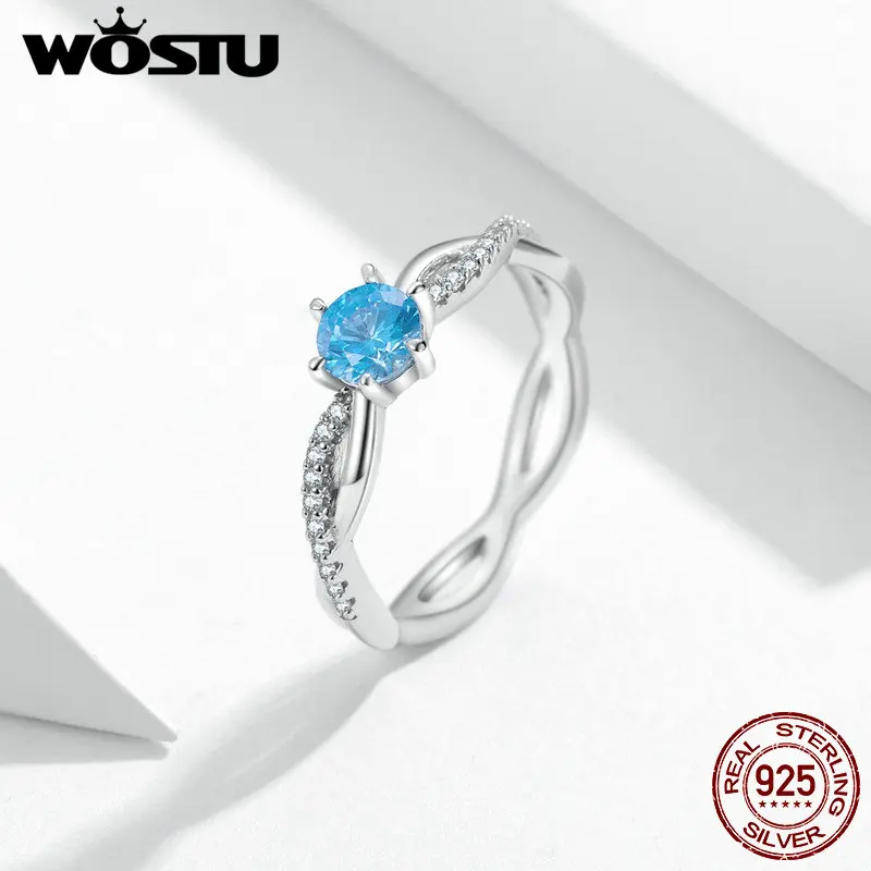 WOSTU, 925 пробы, Серебряное переплетенное обручальное кольцо, Кристалл Голубой циркон, Штабелируемый палец для женщин, хорошее ювелирное изделие FIR547
