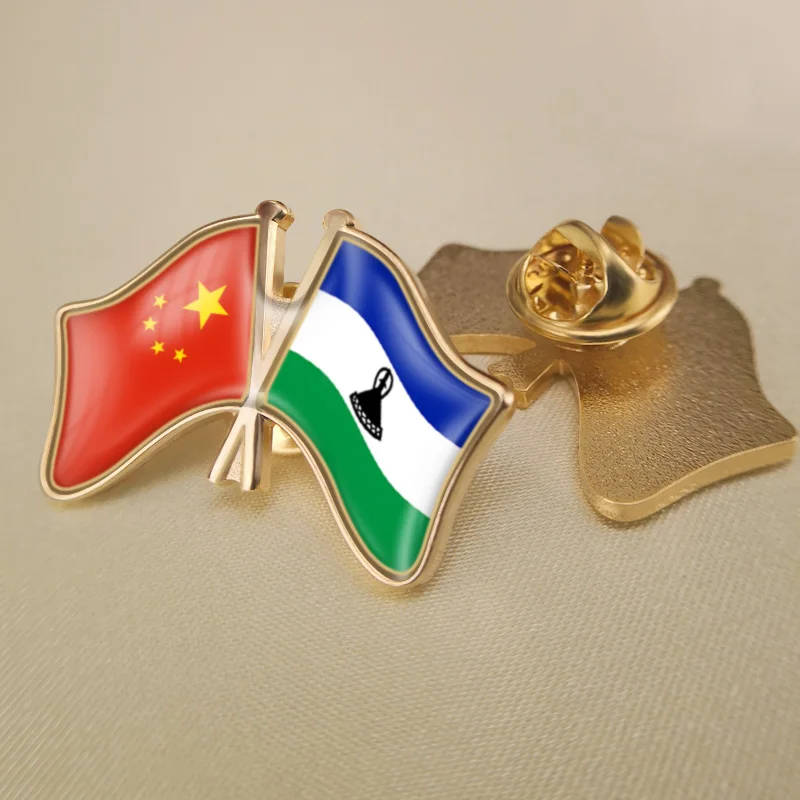 

China and Lesotho Crossed Double Friendship Flags Lapel Pins Brooch Badges