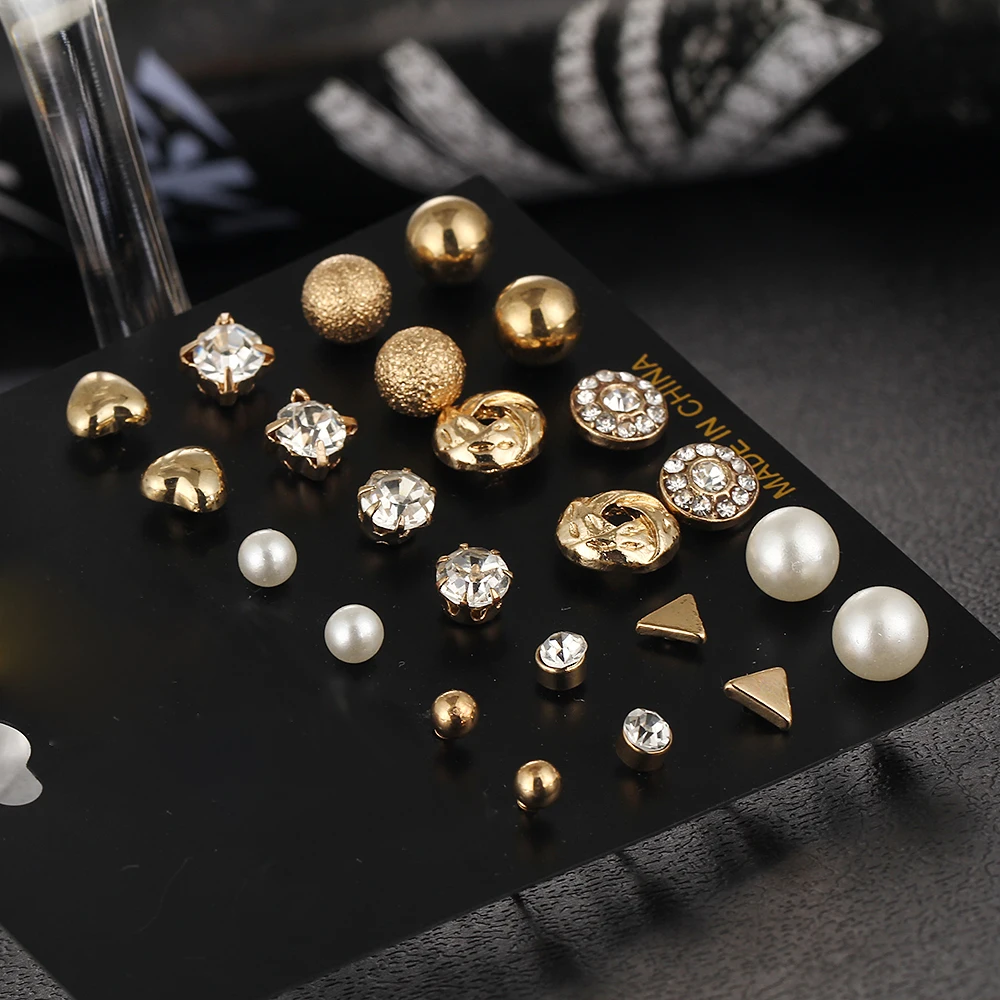 12 шт./компл. круглые серьги гвоздики золотистого цвета из кристаллического