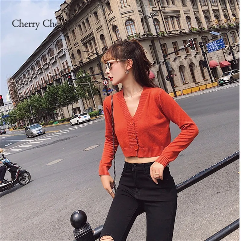 Cherry вый ессе Harajuku сексуальный женский укороченный свитер с длинным рукавом и