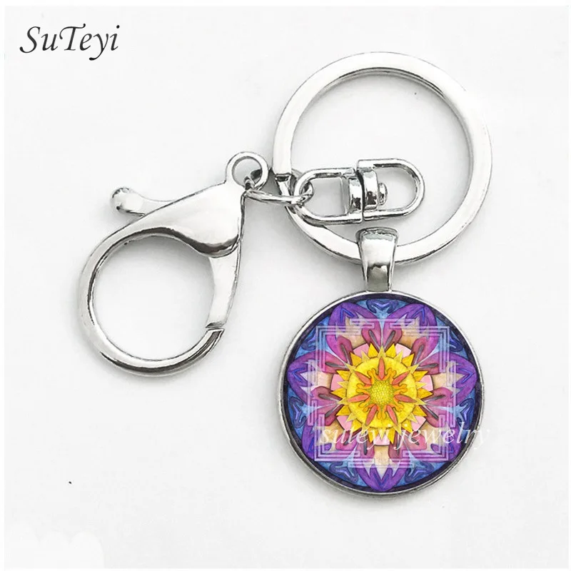 SUTEYI Fashion Mandala Pattern Keychain Buddhism Zen Key Chain Glass Dome Ring Bag Accessories Jewelry Gift | Украшения и