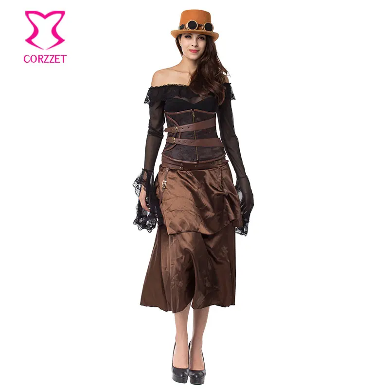 

Brown Brocade & Leather Zipper Sexy Gothic Dresses Corsets And Bustiers Steel Bone Steampunk Underbust Corset Dress Bustier Set