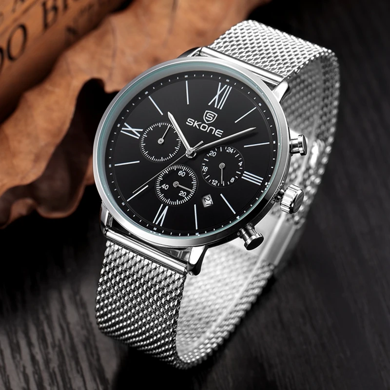 SKONE часы мужские Роскошные бизнес нержавеющая сталь сетка календарь