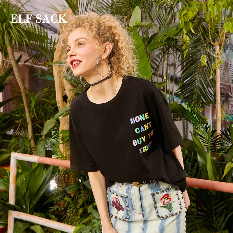 ELF SACK 2019 Spring New Stylish Woman Tshirt Casual Letter Print Cotton Tees Streetwear O-Neck Female Oversized Tshirts Tops | Женская