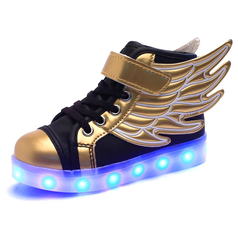 Gold-black Jawaykids Детские светящиеся кроссовки USB перезаряжаемая светящаяся обувь с крыльями ангела для мальчиков, светодиодный светильник для девочек детская обувь для бега - Цвет: Gold-black