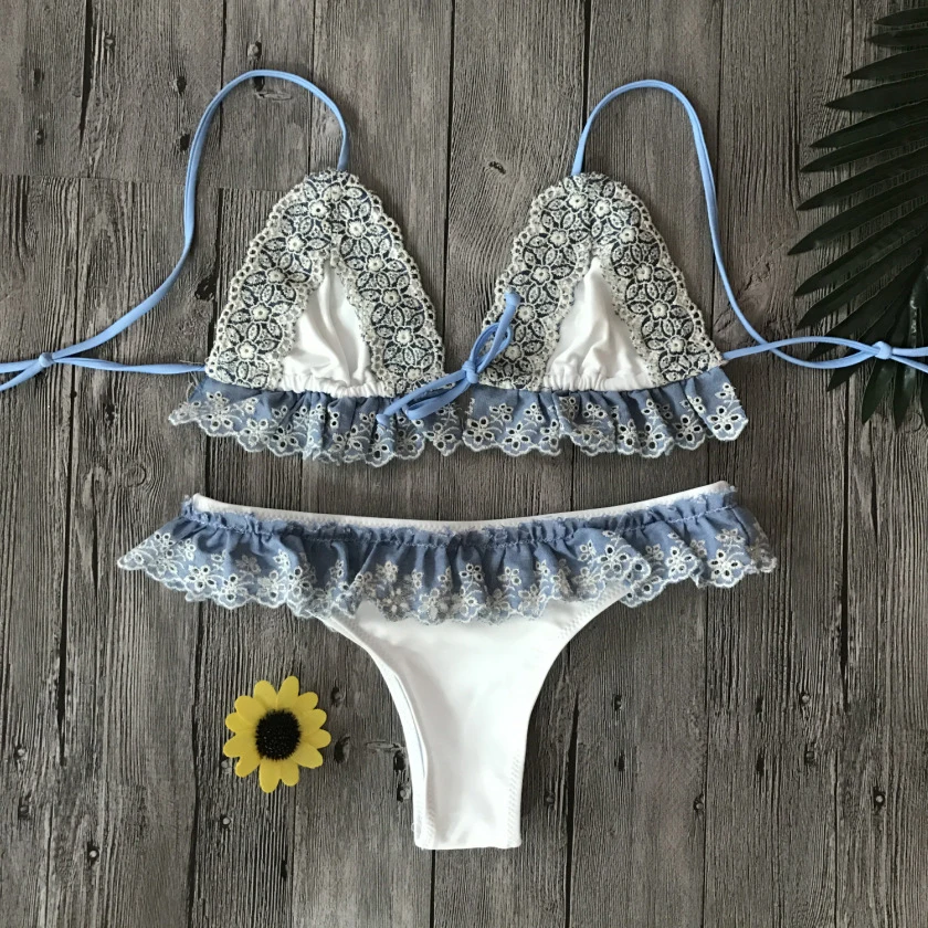 Сексуальные печатные бикини кружева печати Bandeau Бразильский Холтер Купальник с