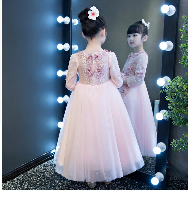 2017 Long Sleeve Flower Girls Dresses For Wedding Pink Lace Girl Formal Birthday Party Dress Princess Gown Kids Autumn Vestido | Детская