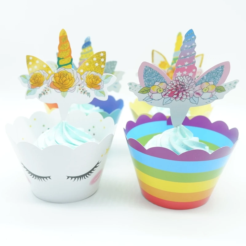 12 комплектов топперы для торта в виде единорога обертки кексов украшения на