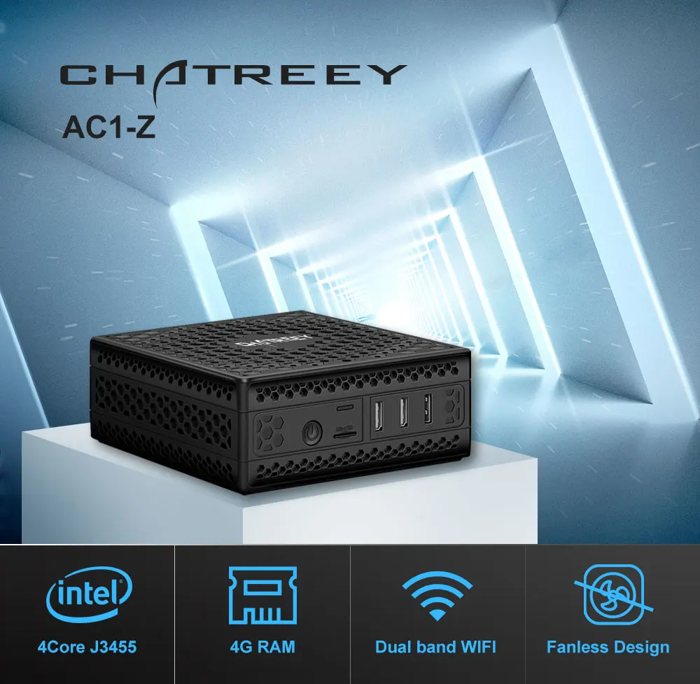 Chatreey AC1-Z безвентиляторный мини ПК Встроенный Intel celeron j3455 j4105 четырехъядерный двойной Дисплей HDMI windows 10 linux HTPC компьютер