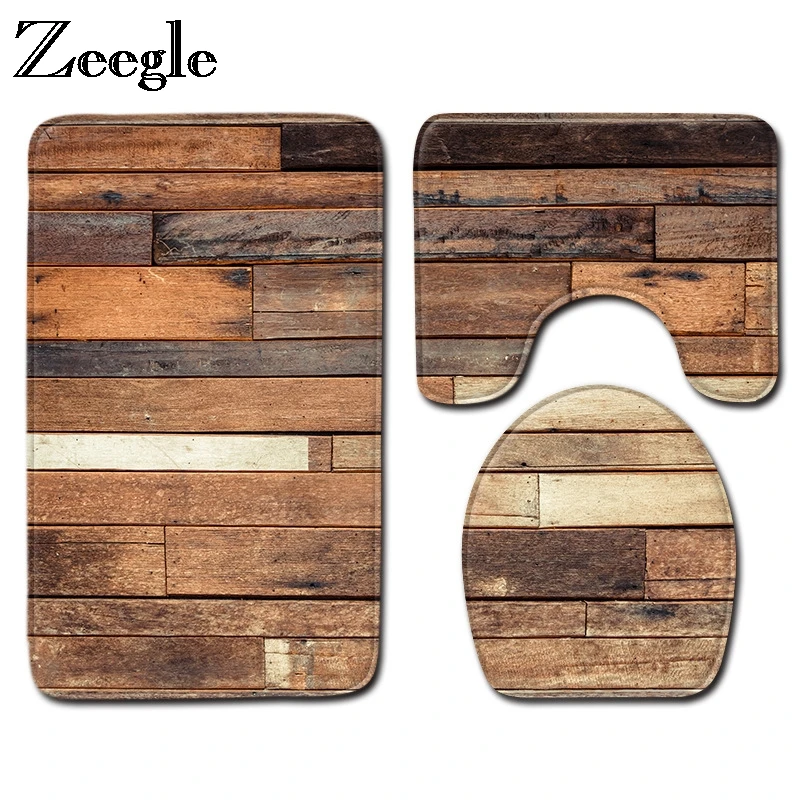 Zeegle 3 Pcs Bath Mats Wood Grain Carpet Anti Slip Bathroom Mat Set Flannel Floor Rugs Washable Toilet | Дом и сад
