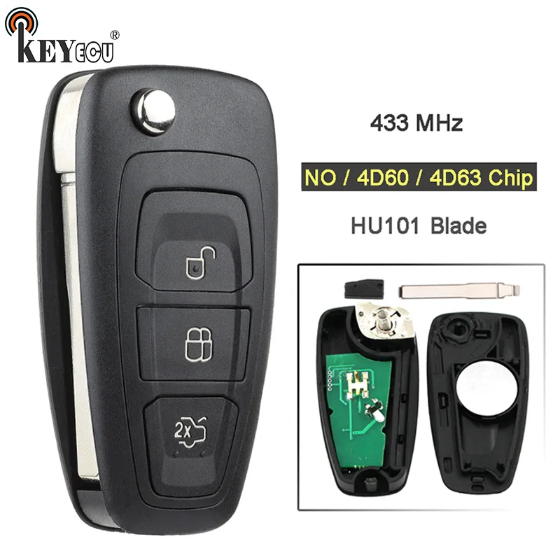 

KEYECU 433MHz NO/ 4D60/ 4D63 Chip Remote Car Key Fob 3 Button For Ford Connect Focus Mondeo Fiesta Transit C Max HU101