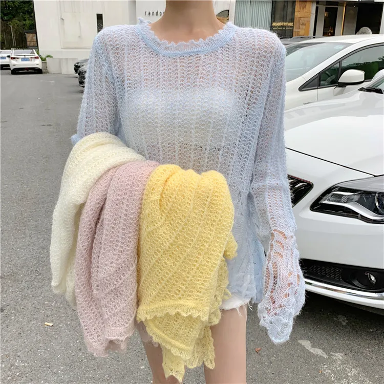 HAMALIEL New Summer Autumn Fashion Loose Sweater Tops Korean Chic Sky Blue Knitted Hollow Out Sexy Pollovers Thin Casual Jumpers | Женская