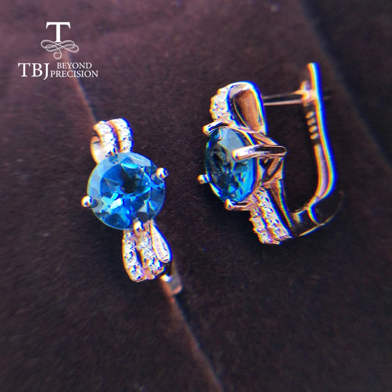 TBJ, натуральный, хороший цвет, Лондон, голубой топаз, Круглый, 7 мм, 3ct, драгоценный камень, застежка, серьги, серебро 925 пробы, розовое золото, ювелирные изделия для девочек