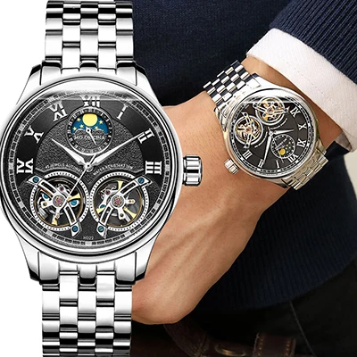 Двойной турбийон Moon Phase часы автоматические механические часы из нержавеющей стали водонепроницаемые 3TM черные деловые модные мужские часы - Цвет: MG.H022-silverblack