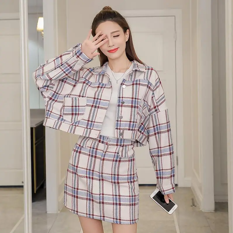 Клетчатая мини шерстяная юбка костюмы осенний зимний модный элегантный комплект из двух предметов Женский блейзер пиджак+ юбка костюм 2 шт