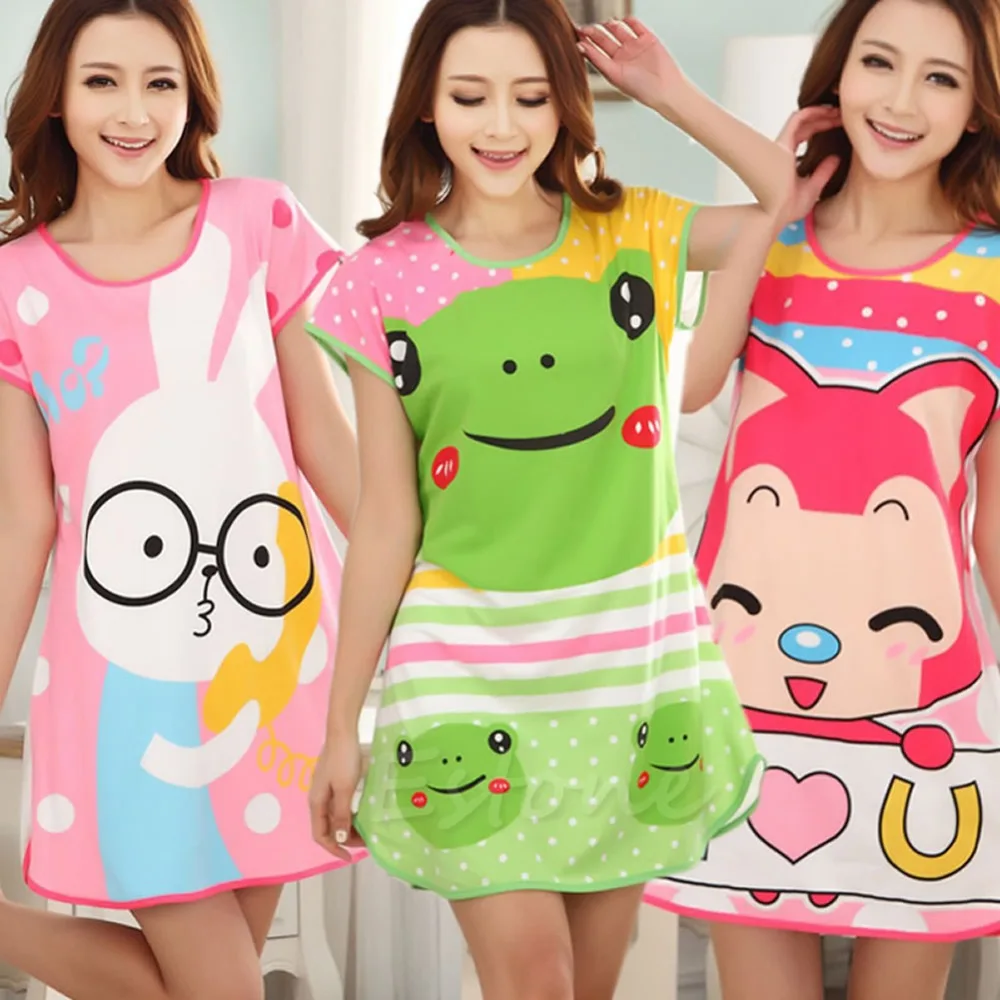 

Women nightgown Cartoon Polka Dot Sleepwear Short Sleeve Sleepshirt Sleepdress Cotton Drop ship #