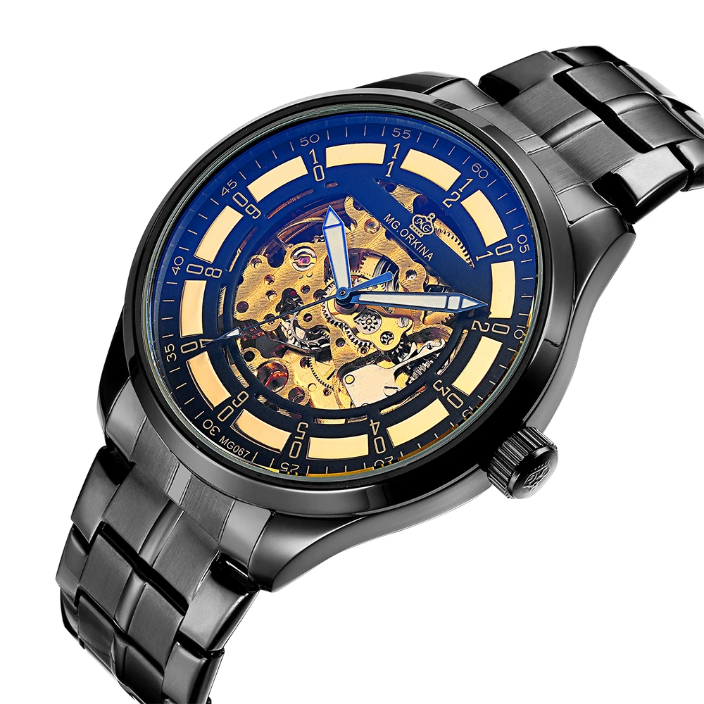 

ORKINA Mens Watches Automatic Mechanical Skeleton Male Clock Wristwatch Coated Glass Stainless Steel Band Heren Horloges