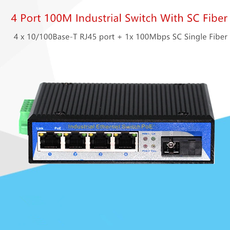 

100 м промышленный одномодовый коммутатор 4x10/100Base-T RJ45 порт + 1x100 Мбит/с SC порт Bidi промышленный медиаконвертер
