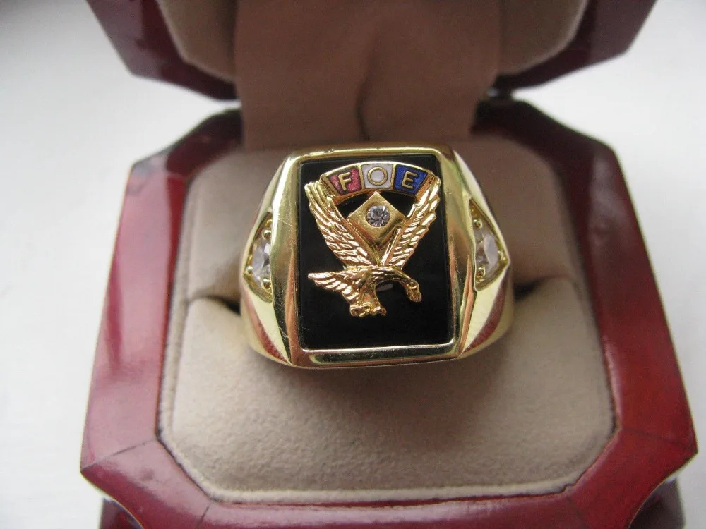 

Hot Selling Natural Onyx 18kt Gold Filled Superb NEW! Gents Fraternal Order of Eagles CREST Ring