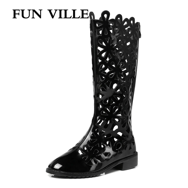 

FUN VILLE 2018 New Fashion Summer Women Mid-calf Boots High Quality Patent leather Sexy Ladies shoes Round Toe Zipper Size 34-45
