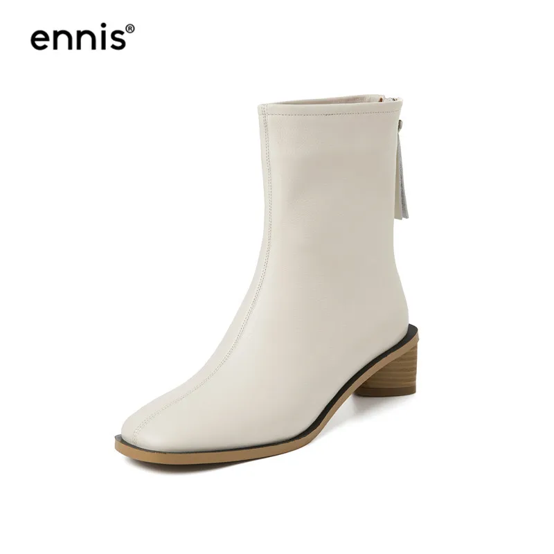 White ENNIS/; осенне-зимние ботинки; ботинки из натуральной кожи на низком каблуке; модная женская обувь; цвет черный, белый; модные ботинки до середины икры; A991 - Цвет: White