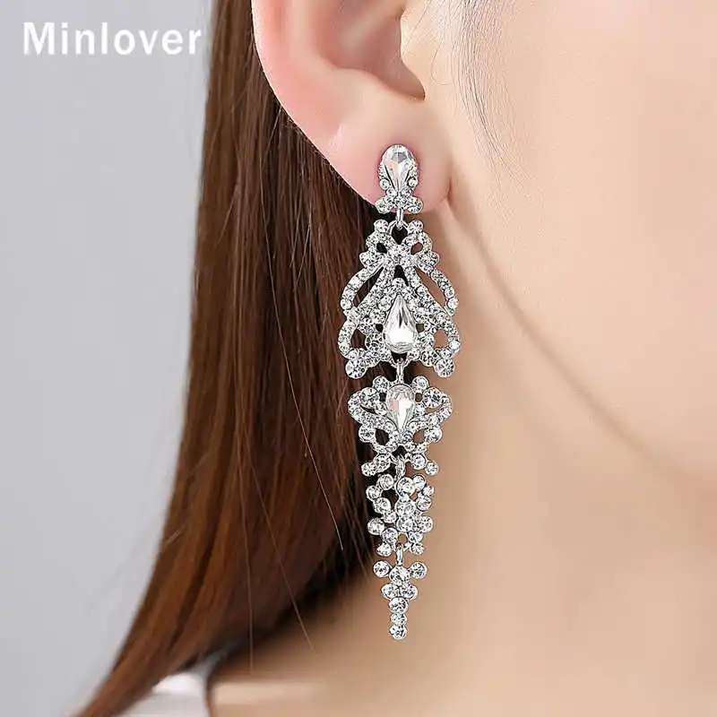 Minlover свадебные серьги кристалл длинные висячие для невесты серебряного цвета