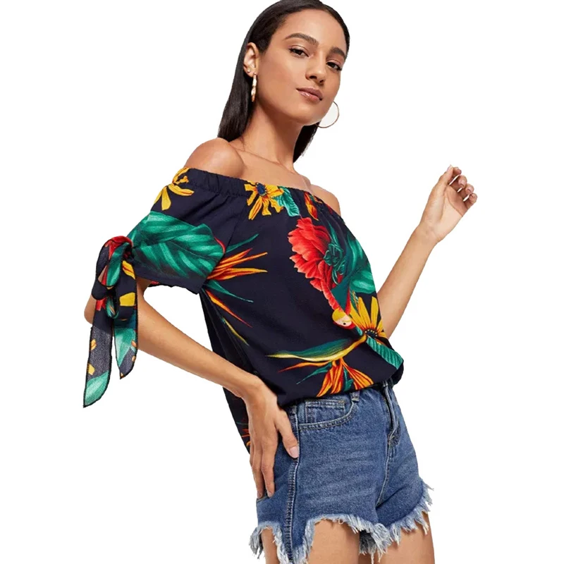 

Fashion Off Shoulder 2019 Boho Floral Print Blouse Blusas Femininas Ethnic Flare Sleeve Women Sexy Summer Shirt Casual Beach Top