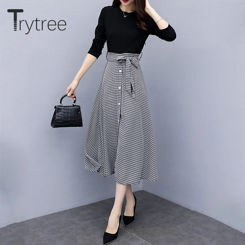 Trytree весна лето платье женское повседневное полиэстер хлопок черный плед А