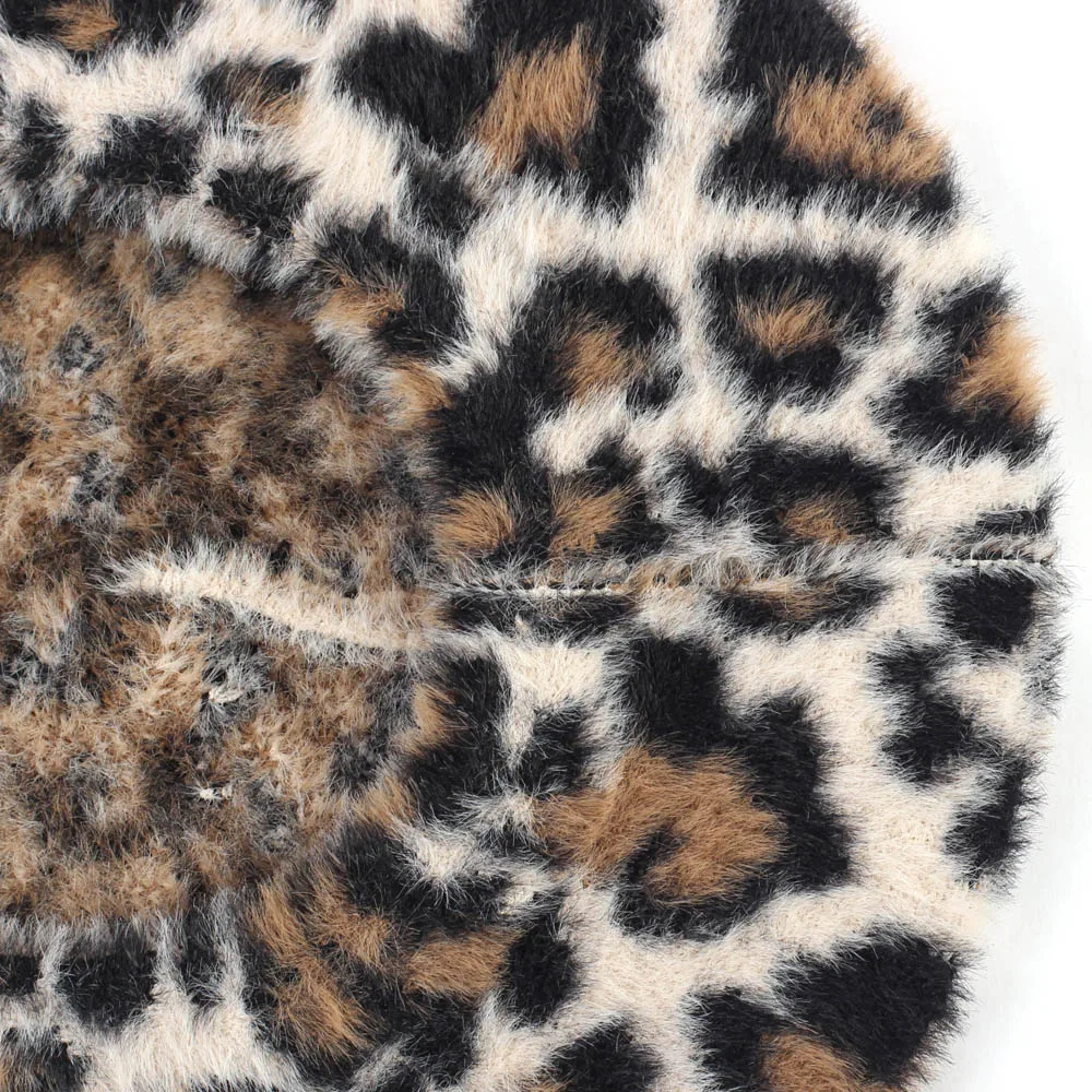 

Geebro Women's Leopard Cashmere Beret Hat with Raccoon Fur Pompom Winter Warm French Artist Berets for Femme Ladies Wool Hats