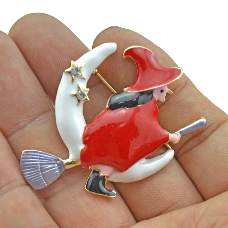Women Fashion Enamel Halloween Witch Besom Broom Moon Star Brooch Pin Christmas Jewelry Gift Accessory | Украшения и аксессуары