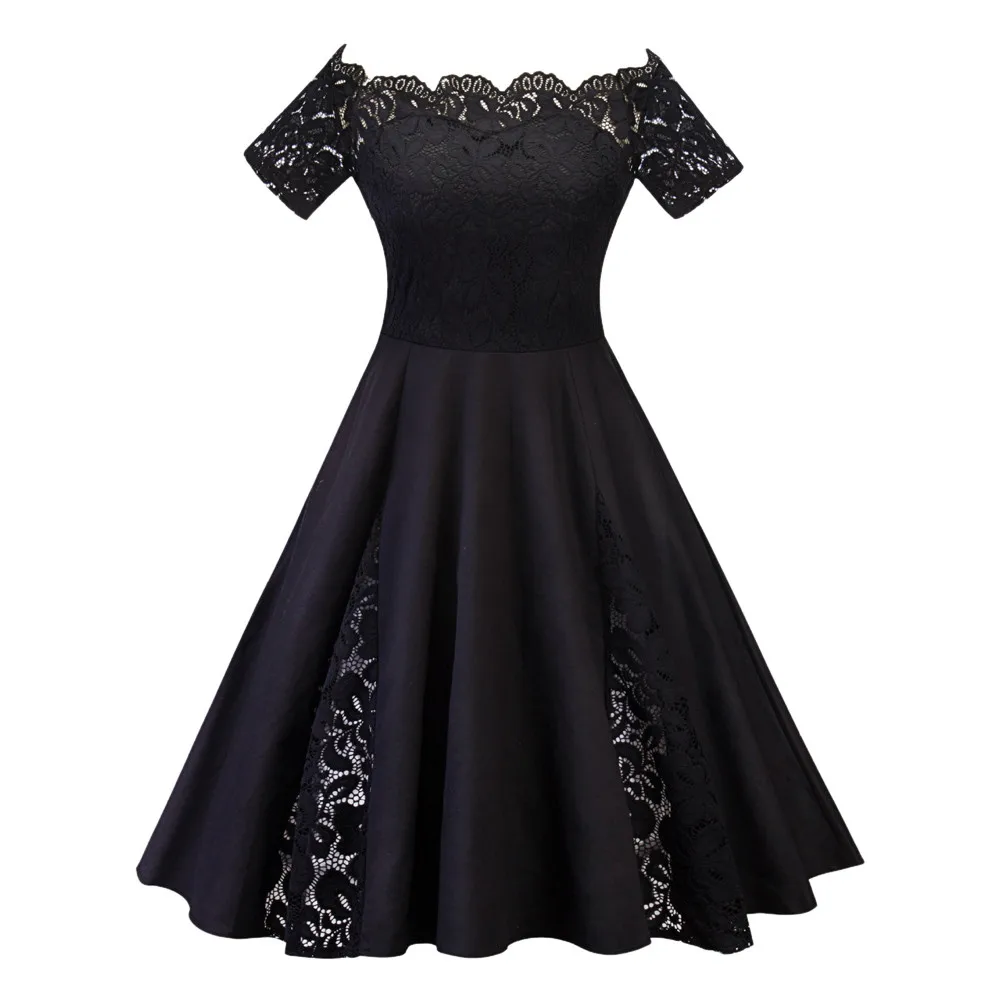 Fashion Women Plus Size Patchwork Short Sleeve Party Dress Lady pure color lace stitching sexy lace one-word shoulder dress 11.8 - Цвет: q