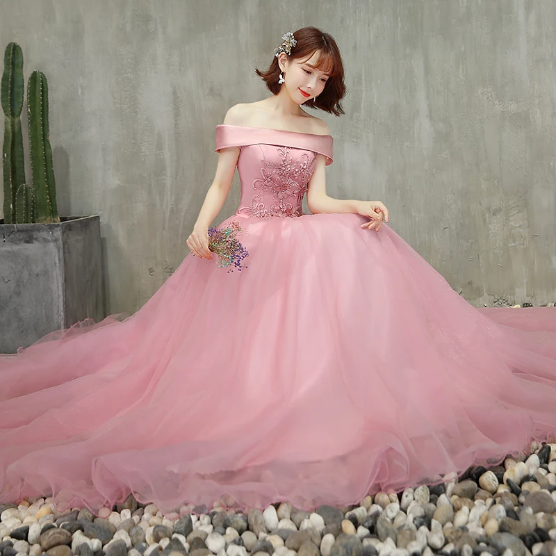 He's Bride New Sweet Pink Prom Dress Sexy Boat Neck Short Sleeve Floor-length Applique Party Ball Gown Robe De Soiree | Свадьбы и
