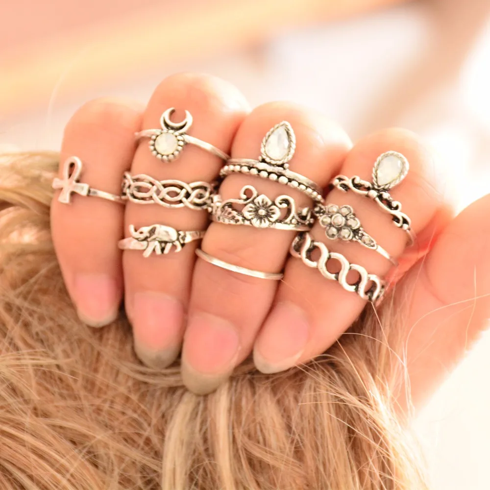10 Pcs/Set Women Rings Set Bohemia Style Fashion Trend Finger Gold Silver Female Jewelry Elephant Moon Water Drop RS1111 | Украшения и