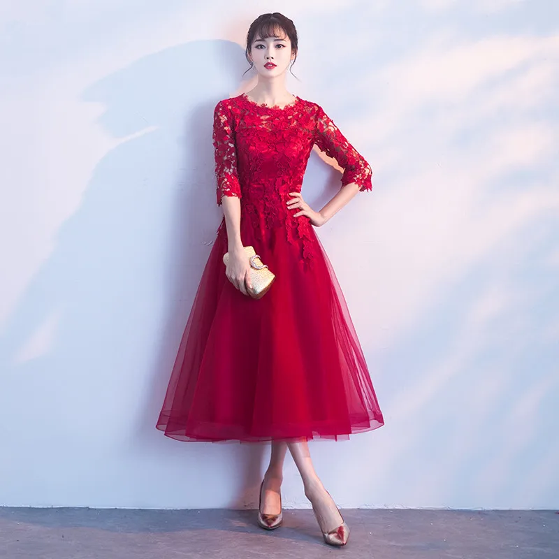 Wine Red Robe de soiree Длинное Элегантное бордовое кружевное вечернее платье с круглым вырезом и короткими рукавами из тюля трапециевидные вечерние платья для выпускного вечера - Цвет: Wine Red
