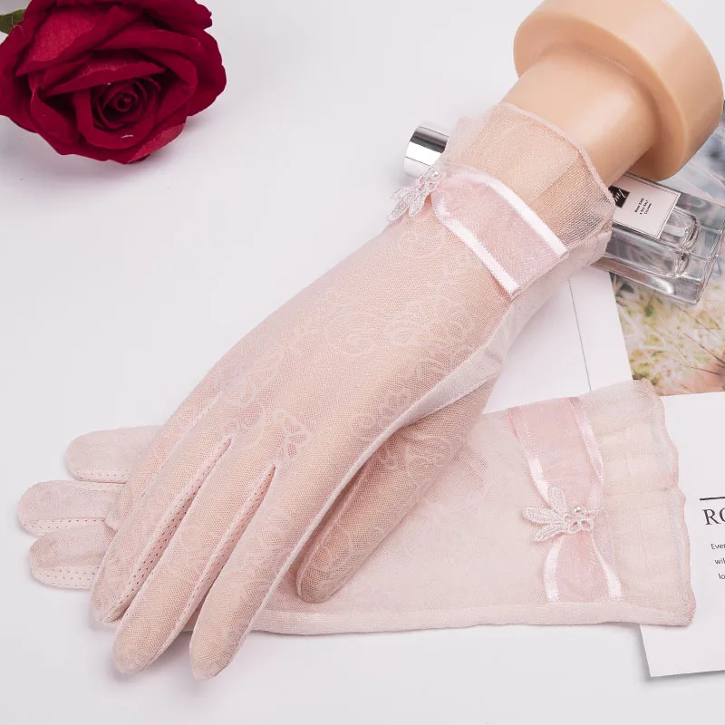Pearl Light Pink Кружевные летние солнцезащитные Короткие наручные перчатки, весенние модные перчатки с сенсорным экраном и УФ-защитой от солнца, перчатки для вождения автомобиля, вечерние женские перчатки Guantes Mujer - Цвет: Pearl Light Pink