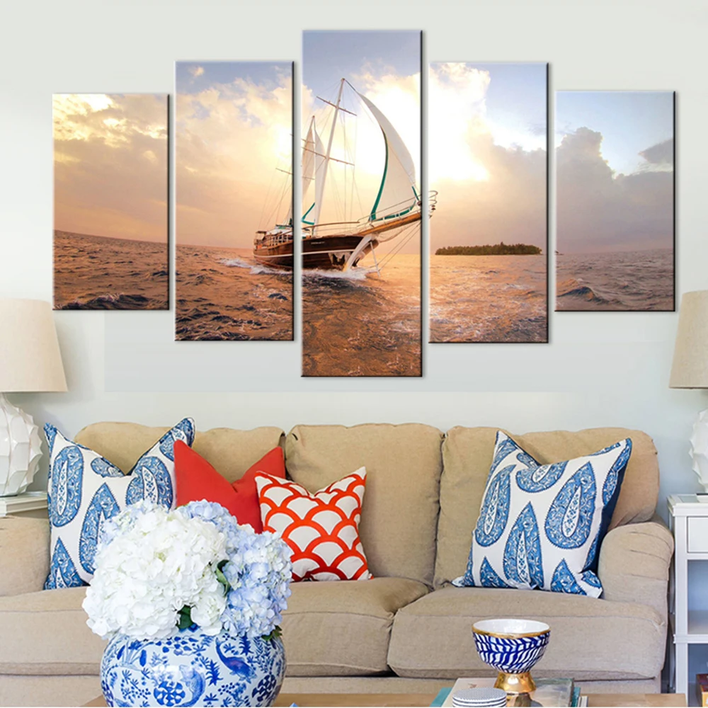 

Embelish 5 Panels Sunrise Ship Seaview Wall Modular Posters For Living Room HD Print Canvas Painting Home Decor Framed Pictures