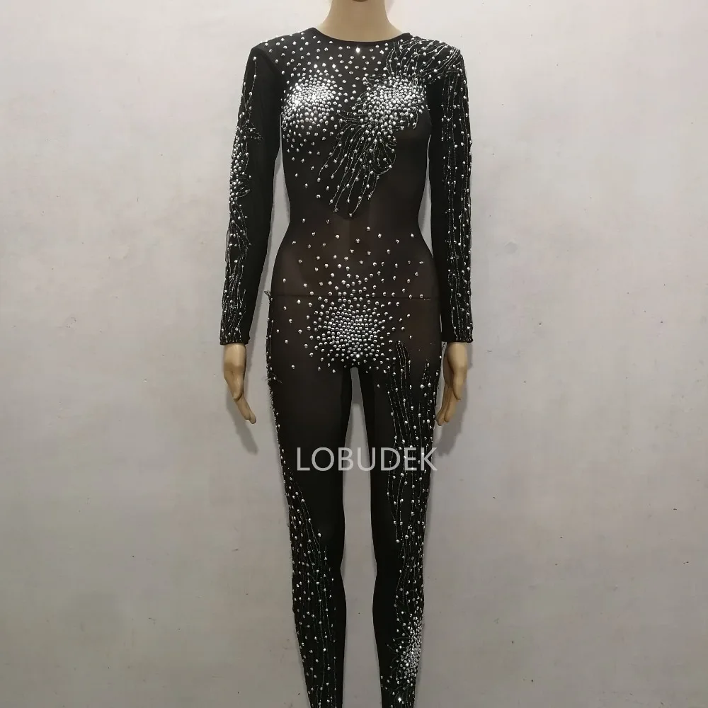 Черный Прозрачный женский комбинезон Zentai в сеточку боди с блестящими