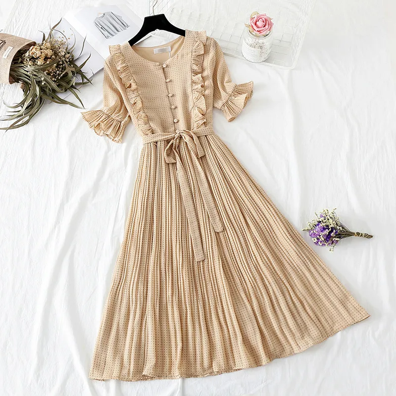 Summer Women Long Chiffon Dress 2019 New Polka Dot Pleated V neck Boho Beach Elegant Party Girls Sundress Vestidos | Женская одежда