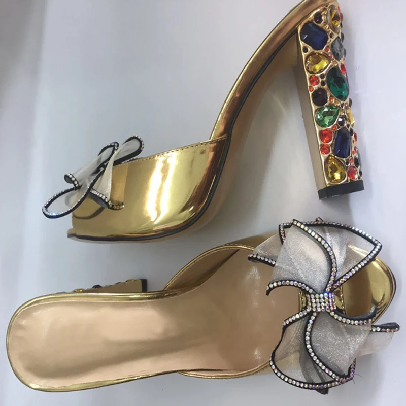 Мюли женские летние на высоком каблуке 10 см шлепанцы с открытым носком бант