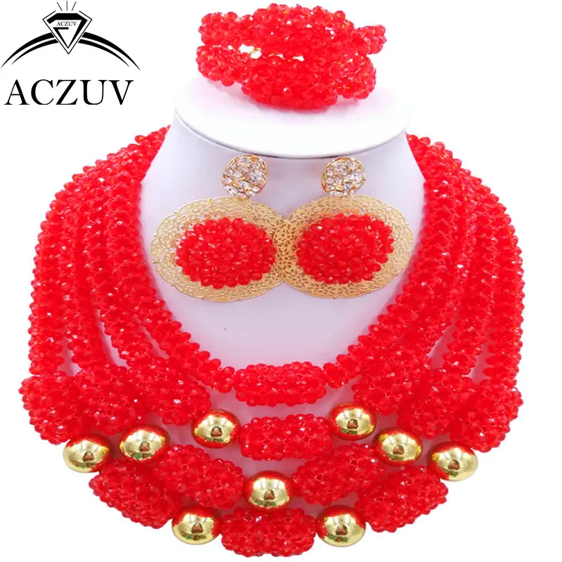 

ACZUV Latest Nigerian Necklace Wedding Jewellery Red African Beads Jewelry Set 2017 D4R007