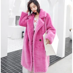 pink Натуральный мех пальто Женская Зимняя парка плюшевый медведь Толстая теплая Рождественская одежда длинная куртка для стрижки овец размера плюс - Цвет: pink