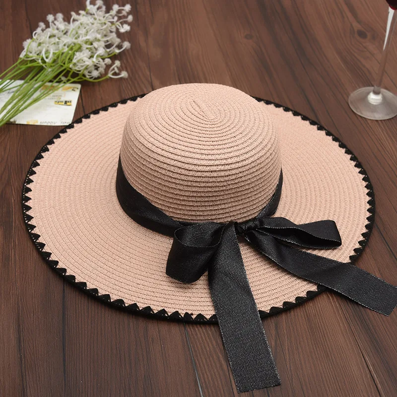 2018 Women Summer Sun Hats Ladies Black Embroidery Wide Brim Straw Outdoor Beach Lace-up Bow Panama Bone Feminino | Аксессуары для